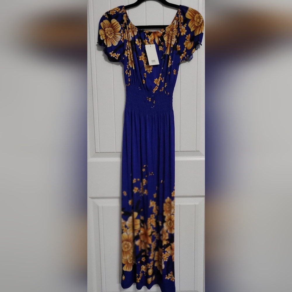 Royal blue tropical print dress